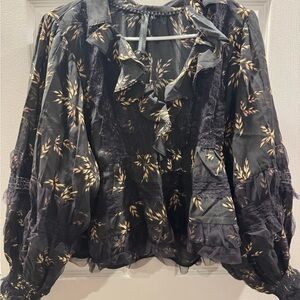 Anthropologie Black and Gold Ruffle Blouse